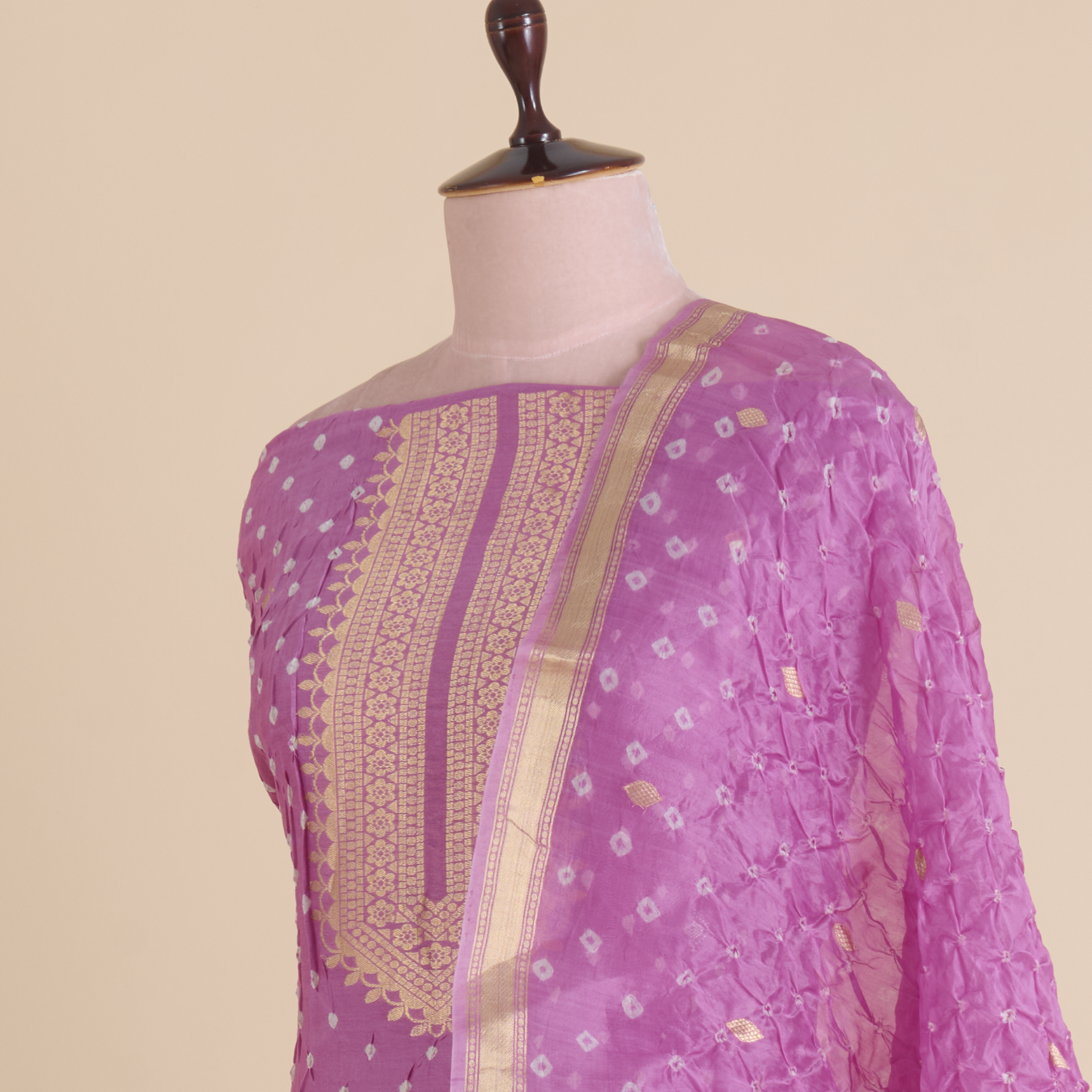 Lilac Chiniya Silk Bandhej Suit with Hand Woven Dupatta