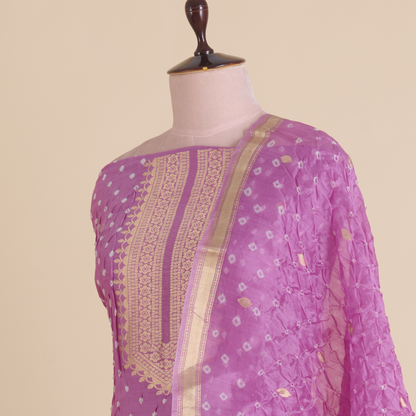 Lilac Chiniya Silk Bandhej Suit with Hand Woven Dupatta