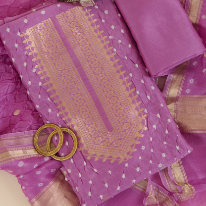 Lilac Chiniya Silk Bandhej Suit with Hand Woven Dupatta