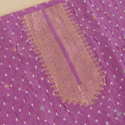 Lilac Chiniya Silk Bandhej Suit with Hand Woven Dupatta