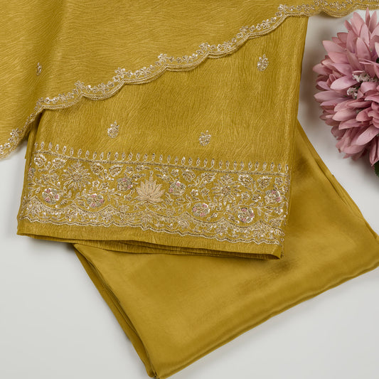 Lime Green Crush Tissue Kurta with zardozi, sequence and french knot work in daman