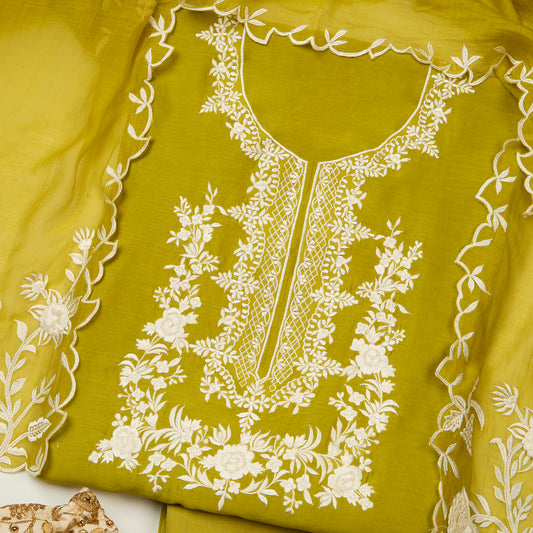 Mehendi Green Chanderi Kurta Set With Thread Embroidery In Neck