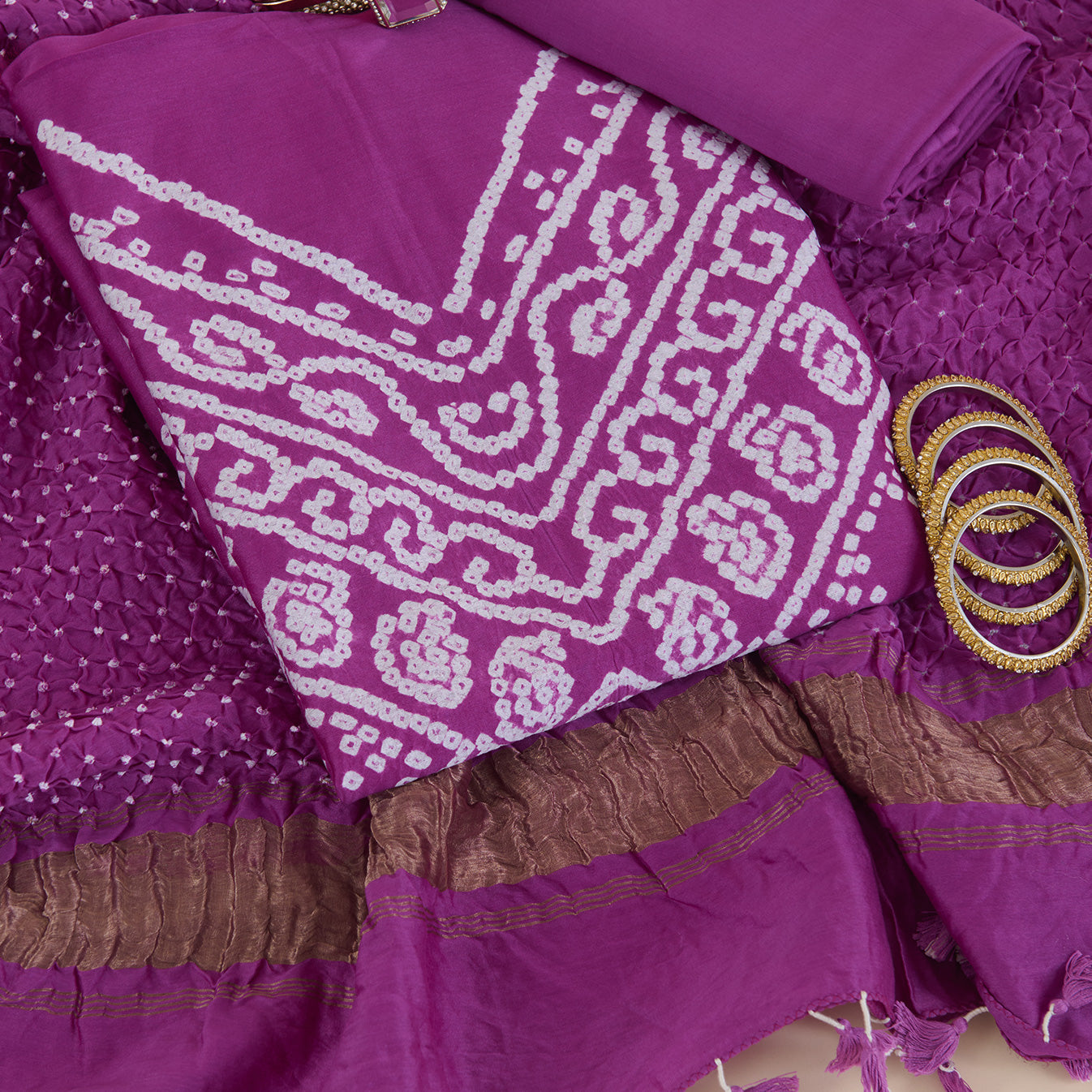 Magenta Pink Chanderi Bandhej Kurta with Woven Pallu Dupatta