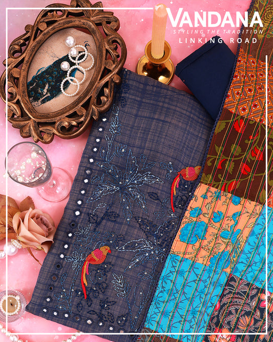 Navy Blue Chanderi Printed Suit with Embroidered Neck & Dupatta