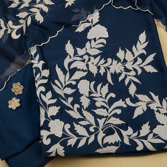 Navy Blue Chanderi Kurta Set With Applique Work