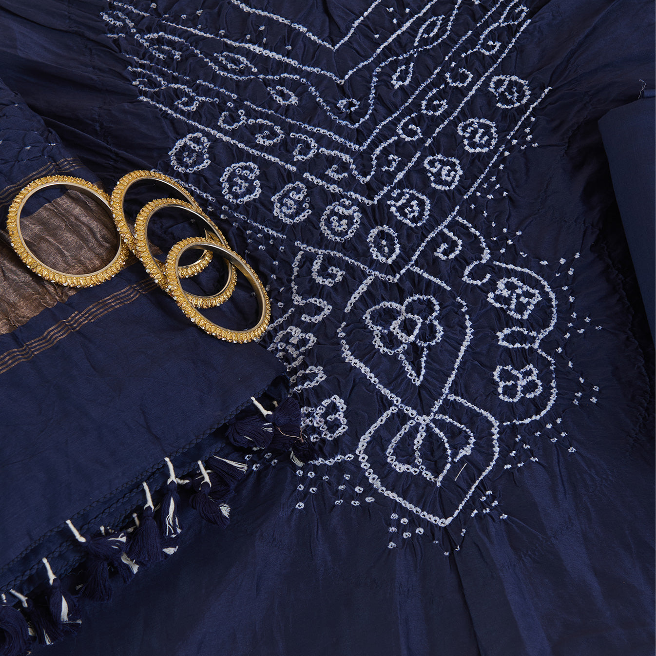 Navy Blue Chanderi Bandhej Neck Kurta with Dupatta