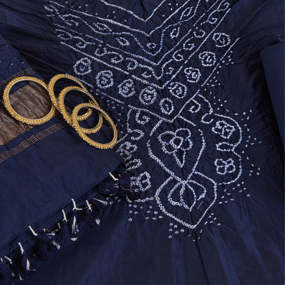 Navy Blue Chanderi Bandhej Neck Kurta with Dupatta