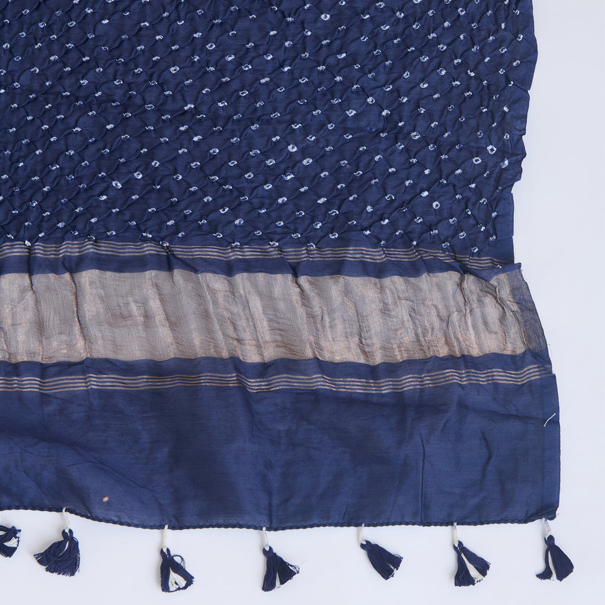 Navy Blue Chanderi Bandhej Neck Kurta with Dupatta