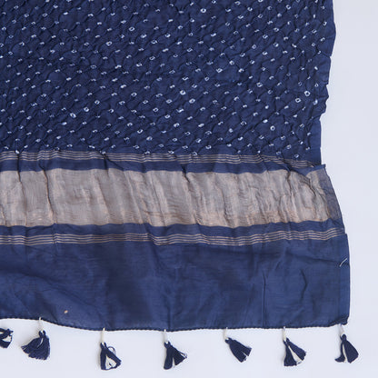 Navy Blue Chanderi Bandhej Neck Kurta with Dupatta