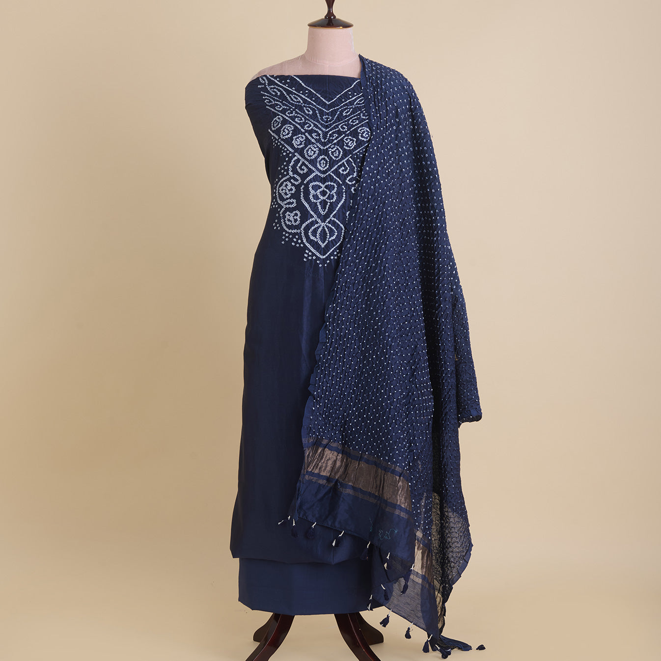 Navy Blue Chanderi Bandhej Neck Kurta with Dupatta