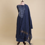 Navy Blue Chanderi Bandhej Neck Kurta with Dupatta