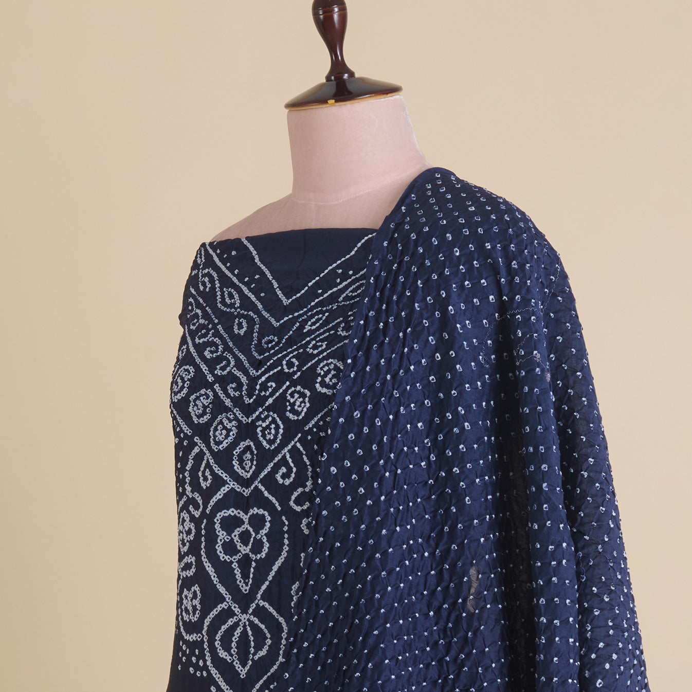 Navy Blue Chanderi Bandhej Neck Kurta with Dupatta