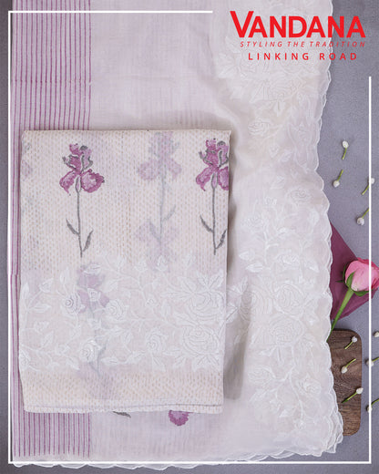 White Onion Pink Chanderi Block Printed Suit with Embroidery Dupatta & Cotton Bottom