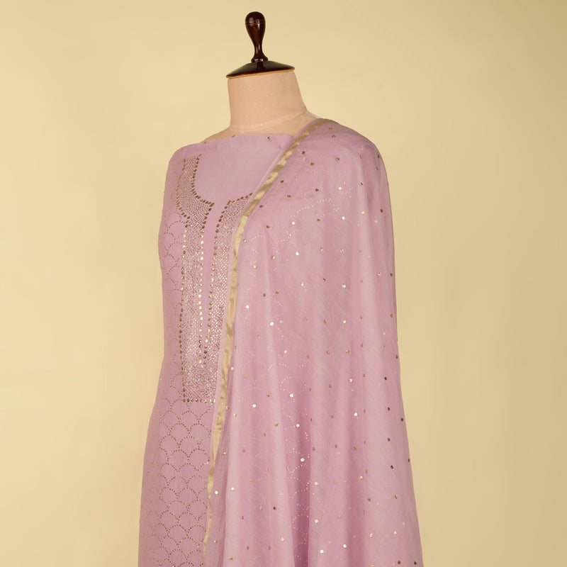 Lilac Chanderi Badla Neck Jaal Suit with Badla Dupatta