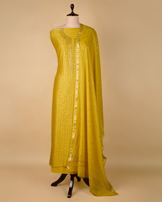 Mustard Chanderi Suit Set with Badla Work and Cotton Bottom