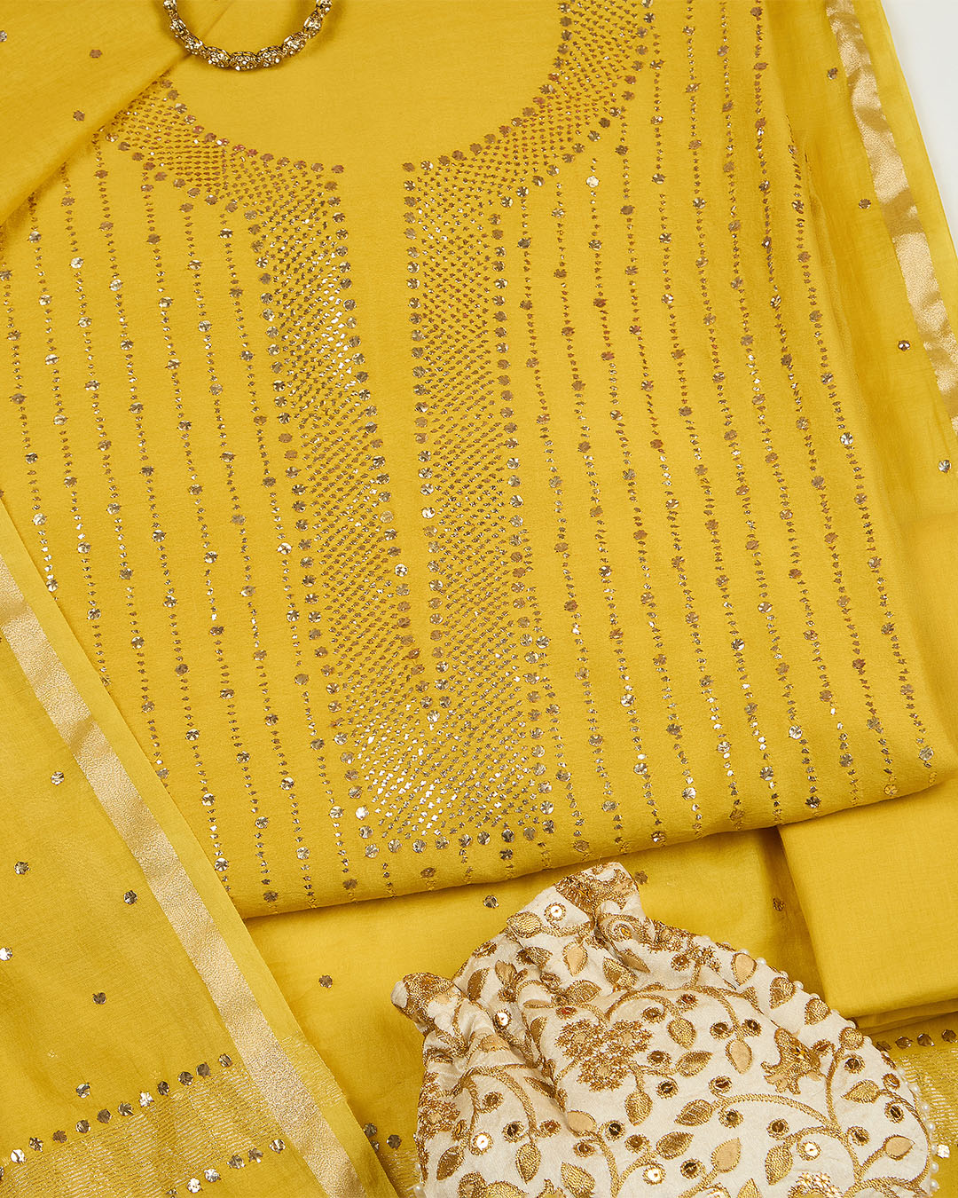 Mustard Chanderi Suit with Badla Work and Dupatta