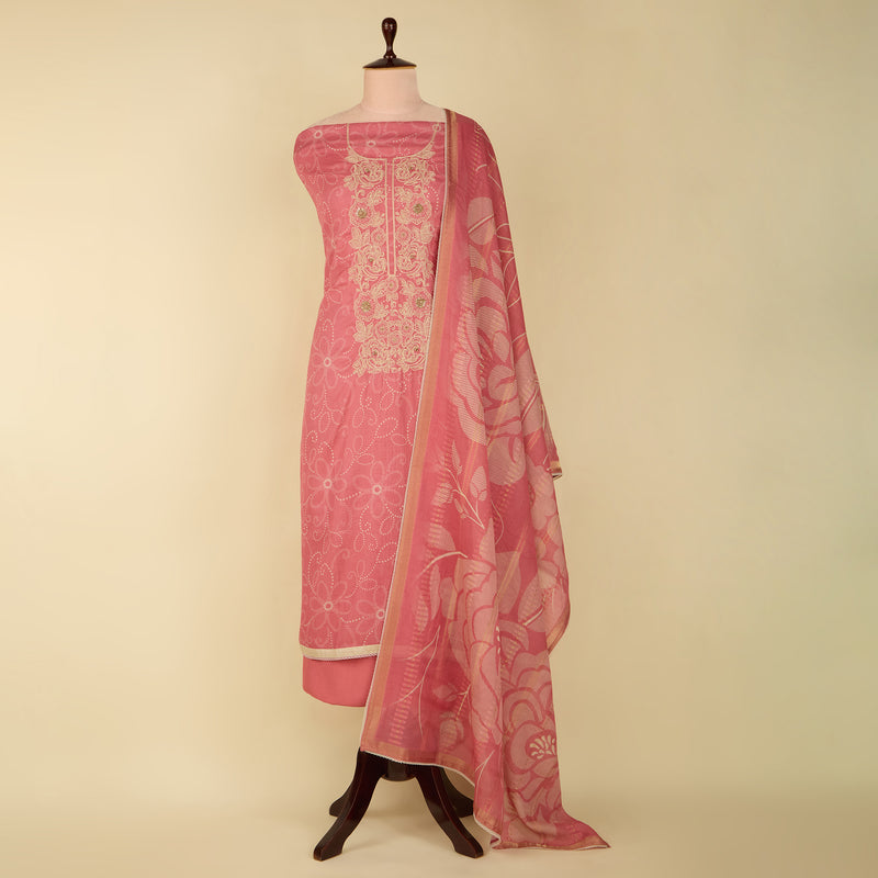 Onion Pink Chanderi Printed Suit with Zardosi Neck and Dupatta
