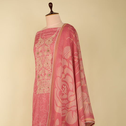 Onion Pink Chanderi Printed Suit with Zardosi Neck and Dupatta