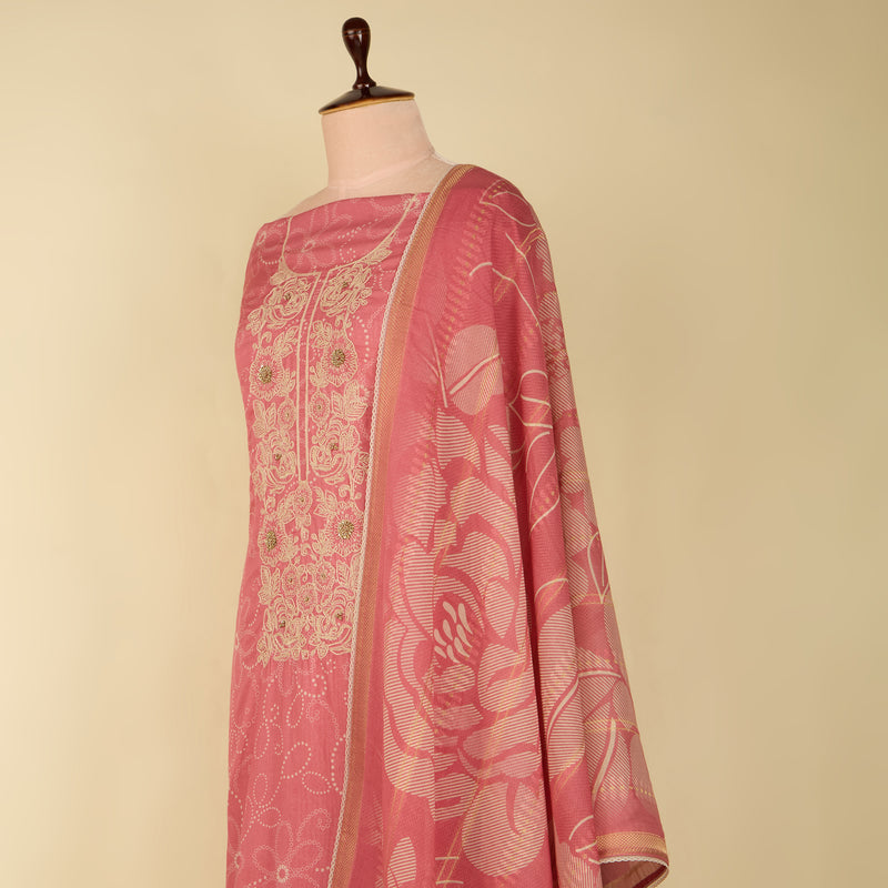 Onion Pink Chanderi Printed Suit with Zardosi Neck and Dupatta