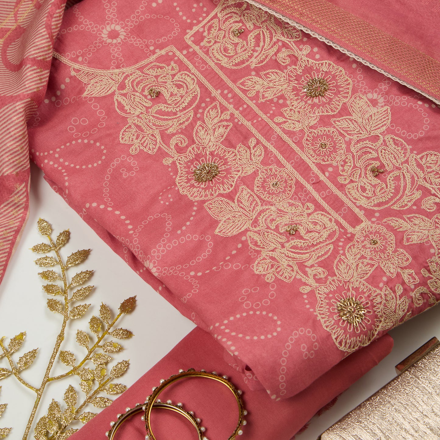 Onion Pink Chanderi Printed Suit with Zardosi Neck and Dupatta