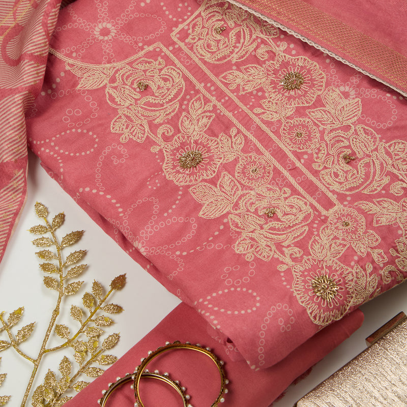 Onion Pink Chanderi Printed Suit with Zardosi Neck and Dupatta