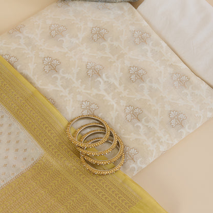 Off White Yellow Chanderi Self-Woven Jaal Kurta Set