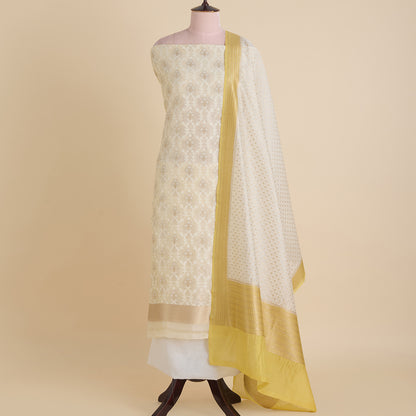 Off White Yellow Chanderi Self-Woven Jaal Kurta Set