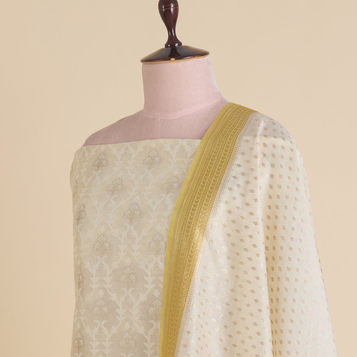 Off White Yellow Chanderi Self-Woven Jaal Kurta Set