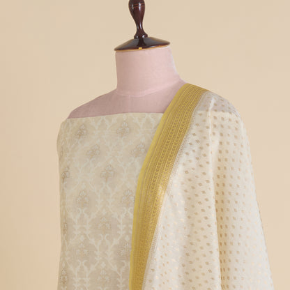 Off White Yellow Chanderi Self-Woven Jaal Kurta Set