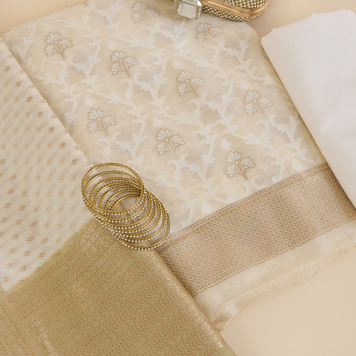 Off White & Mehendi Green Chanderi Woven Jaal Kurta Set