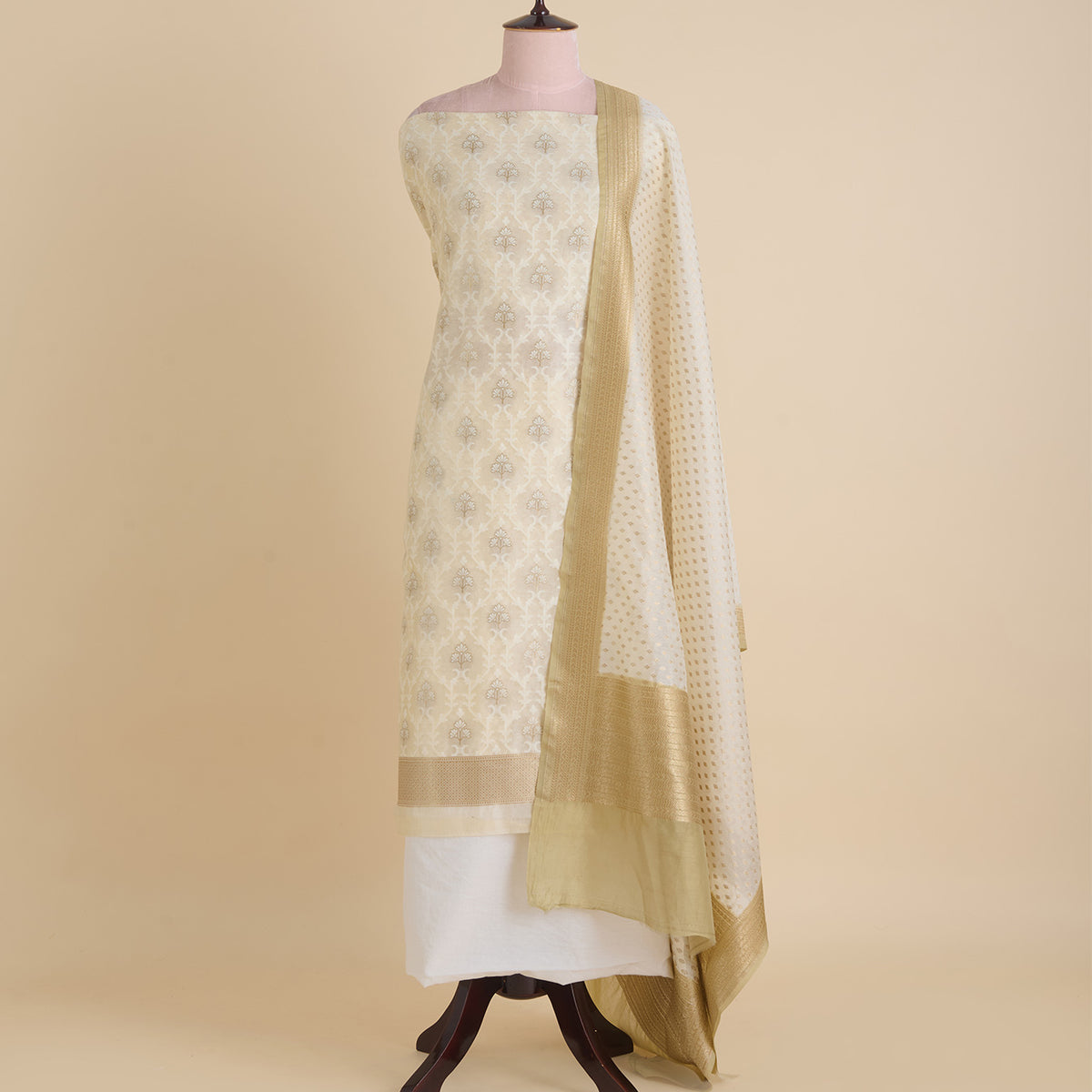 Off White & Mehendi Green Chanderi Woven Jaal Kurta Set