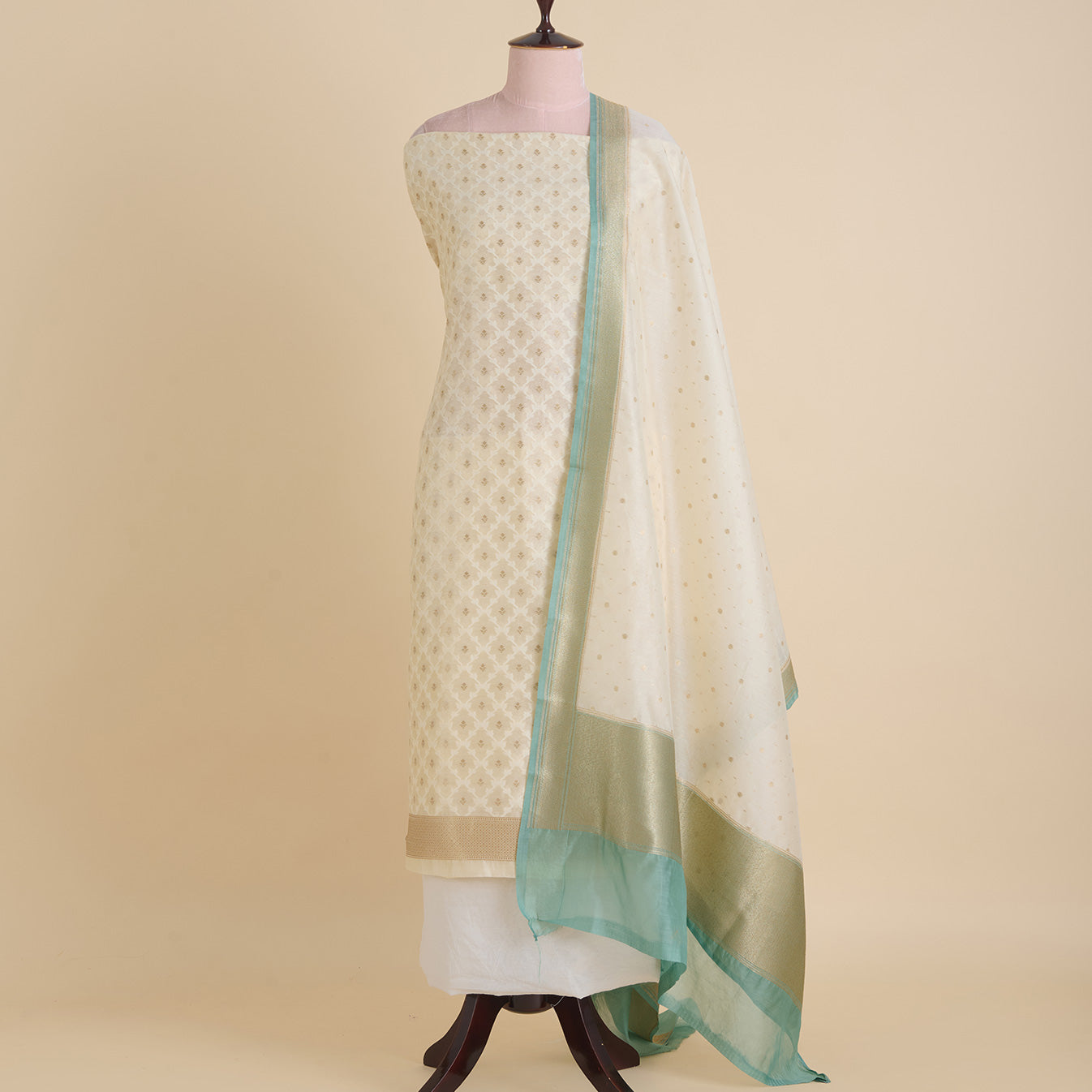 Off White Blue Chanderi Self-Woven Jaal Kurta Set