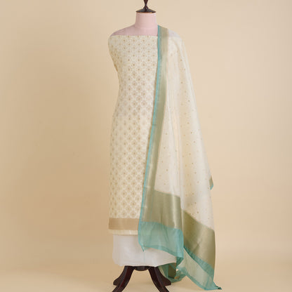 Off White Blue Chanderi Self-Woven Jaal Kurta Set