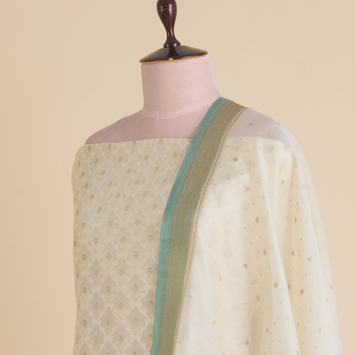 Off White Blue Chanderi Self-Woven Jaal Kurta Set