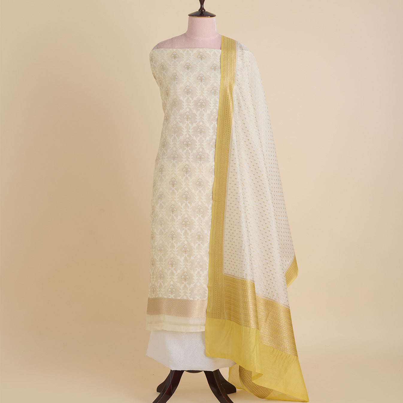 Off White Yellow Chanderi Self-Woven Jaal Kurta Set