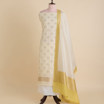 Off White Yellow Chanderi Self-Woven Jaal Kurta Set