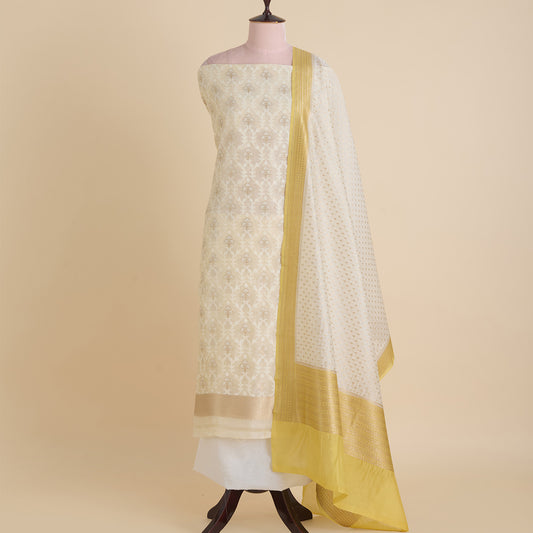 Off White Yellow Chanderi Self-Woven Jaal Kurta Set