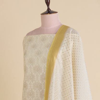 Off White Yellow Chanderi Self-Woven Jaal Kurta Set