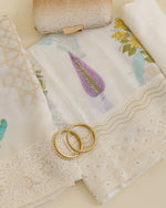 Chanderi block printed kurta with thread and zari embroidery in daman, organza printed dupatta, plain cotton silk bottom, off white lilac