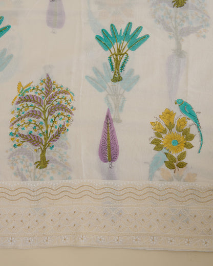 Chanderi block printed kurta with thread and zari embroidery in daman, organza printed dupatta, plain cotton silk bottom, off white lilac