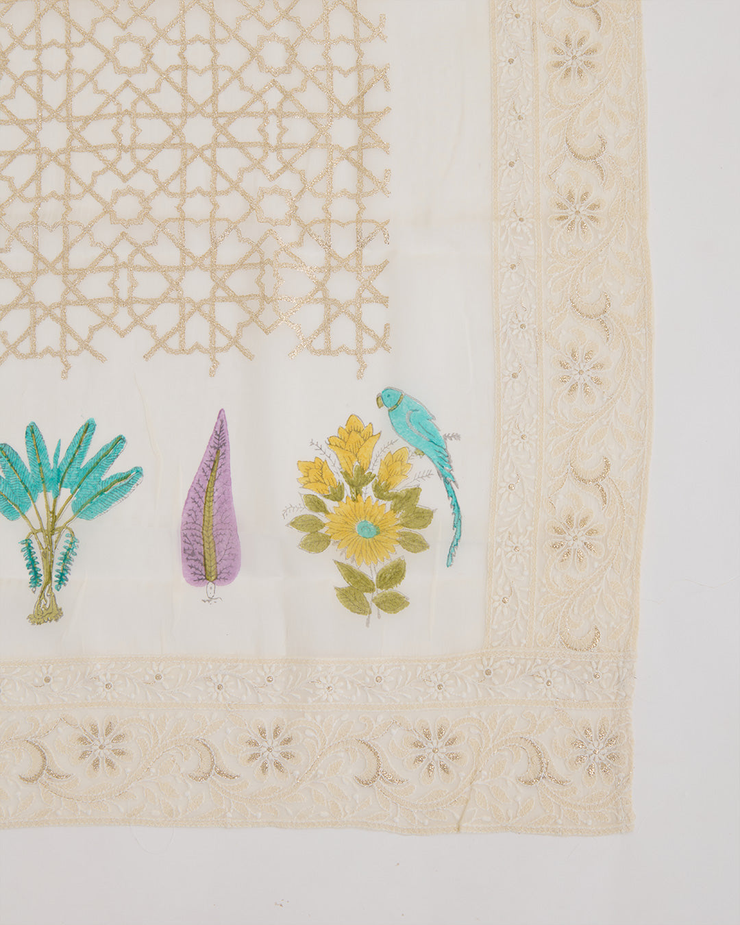 Chanderi block printed kurta with thread and zari embroidery in daman, organza printed dupatta, plain cotton silk bottom, off white lilac
