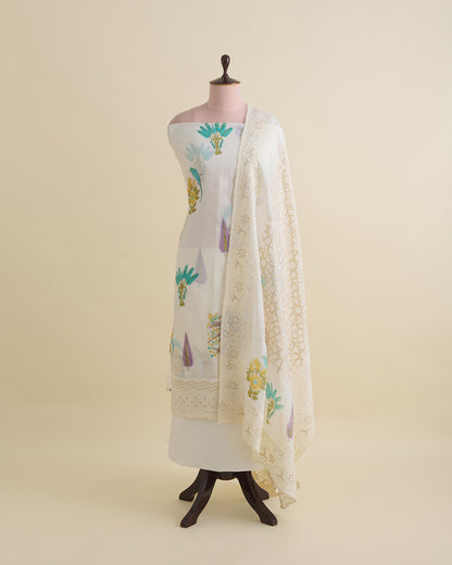 Chanderi block printed kurta with thread and zari embroidery in daman, organza printed dupatta, plain cotton silk bottom, off white lilac