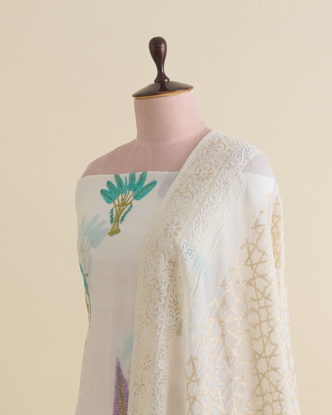 Chanderi block printed kurta with thread and zari embroidery in daman, organza printed dupatta, plain cotton silk bottom, off white lilac