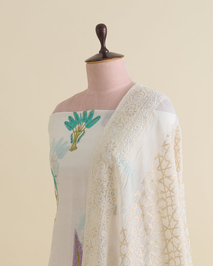 Chanderi block printed kurta with thread and zari embroidery in daman, organza printed dupatta, plain cotton silk bottom, off white lilac