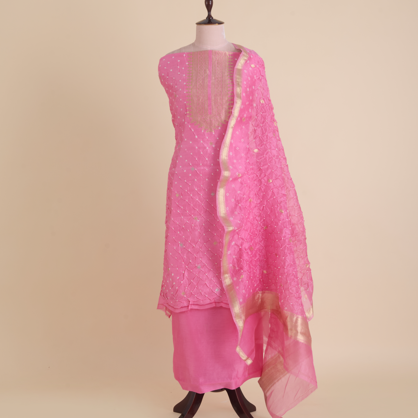 Pink Chiniya Silk Bandhej Hand Woven Suit with Organza Dupatta