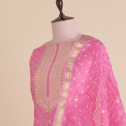 Pink Chiniya Silk Bandhej Hand Woven Suit with Organza Dupatta