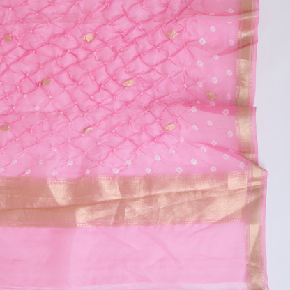 Pink Chiniya Silk Bandhej Hand Woven Suit with Organza Dupatta