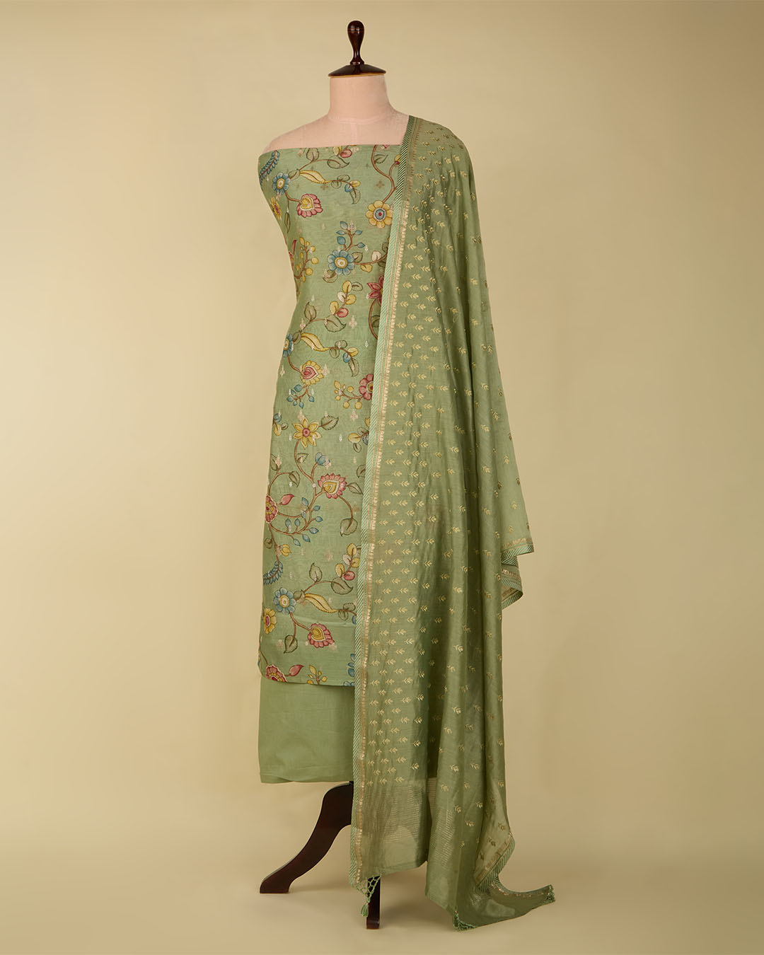 Pista Green Chanderi Kalamkari Printed Suit with Zari Dupatta