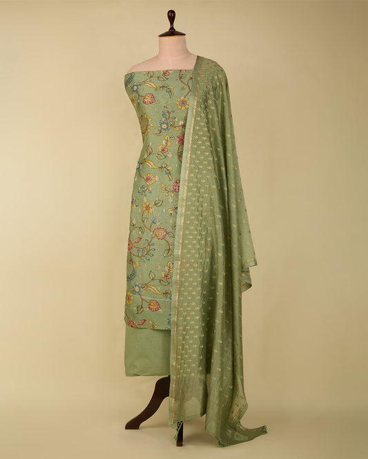 Pista Green Chanderi Kalamkari Printed Suit with Zari Dupatta