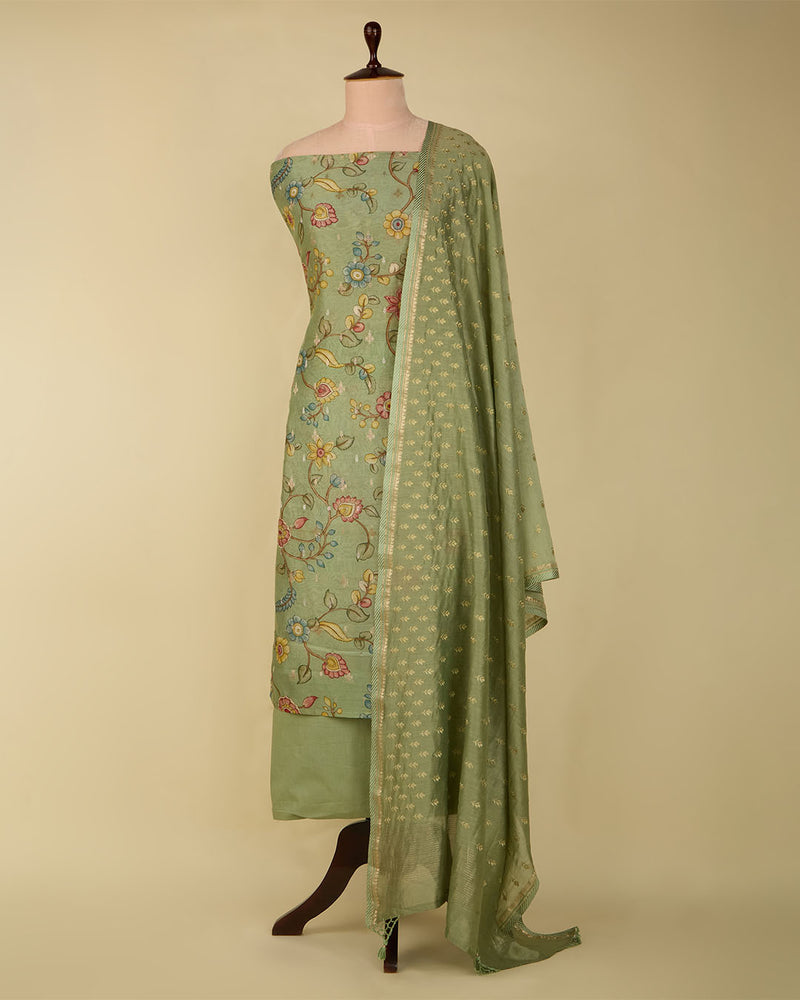 Pista Green Chanderi Kalamkari Printed Suit with Zari Dupatta